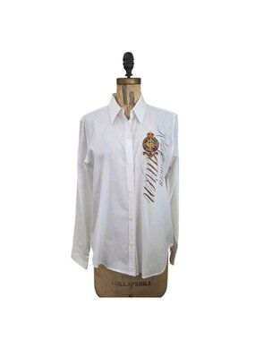 Vtg Lauren Ralph Lauren White Button Down Shirt Script Crest Logo Rare L